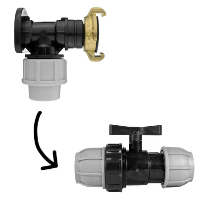 Black/grey 20mm MDPE wall-flange kit with claw outlet & separate mdpe valve.