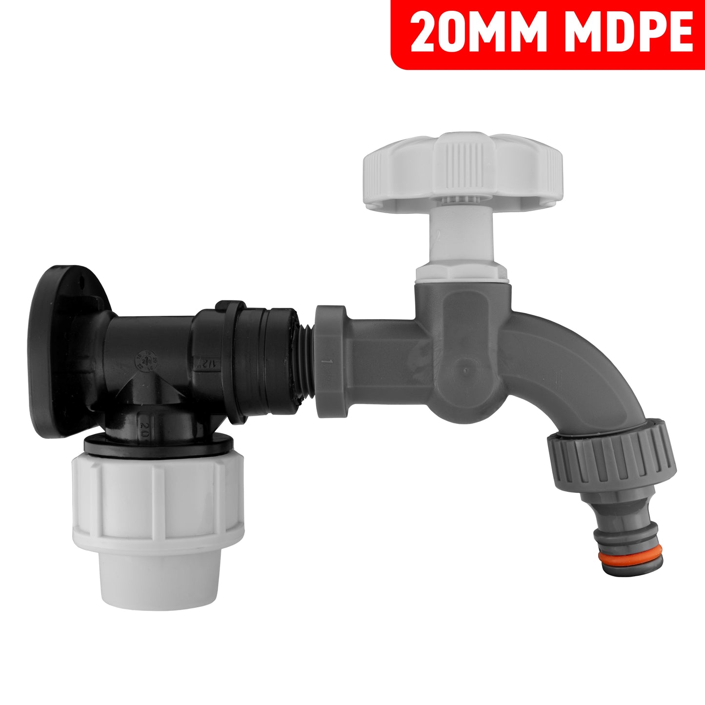 20mm MDPE Wall Flange with Plastic Bib Tap White/Grey