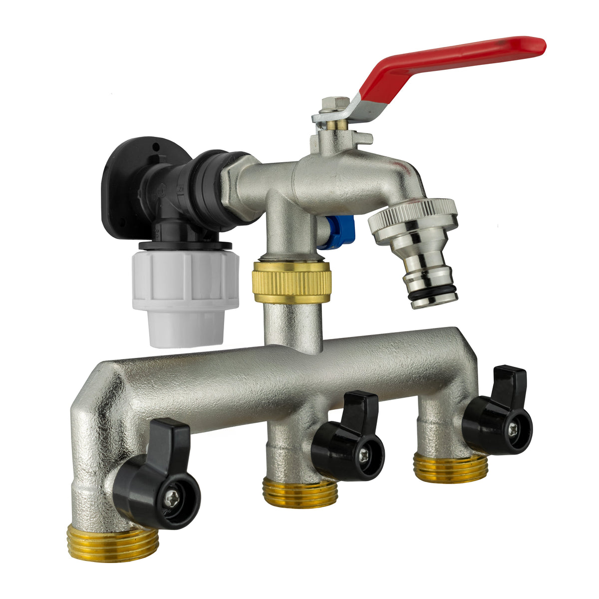 Black/grey 20mm MDPE wall-flange kit with double tap & three-way h-splitter.
