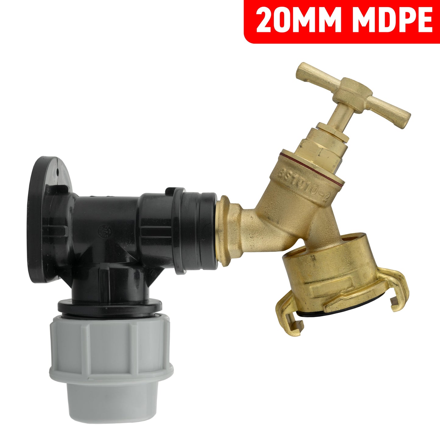20mm MDPE Wall Flange with Bib Tap Geka Outlet