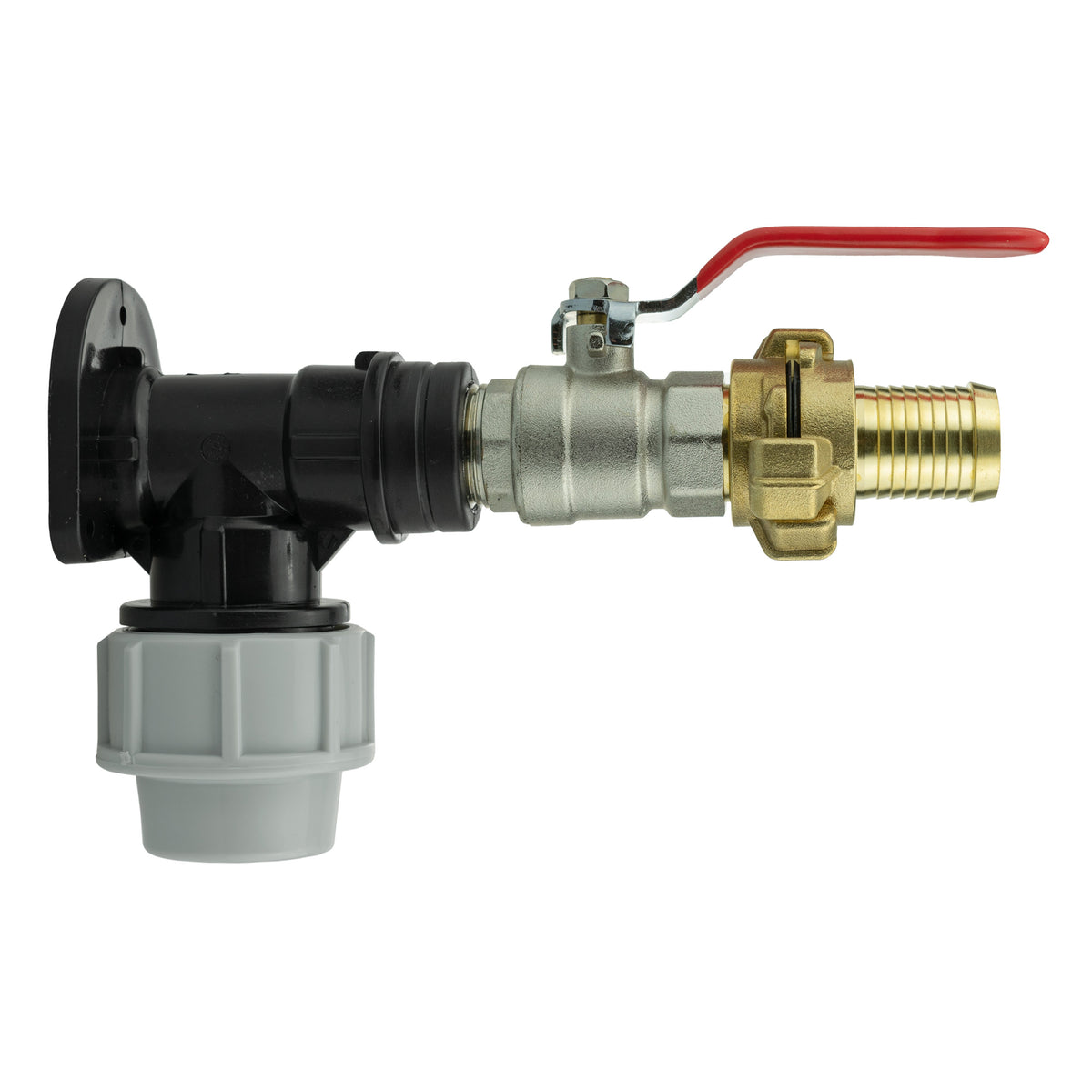 Black/grey 20mm MDPE wall-flange kit with lever valve & 25mm claw hose tail.