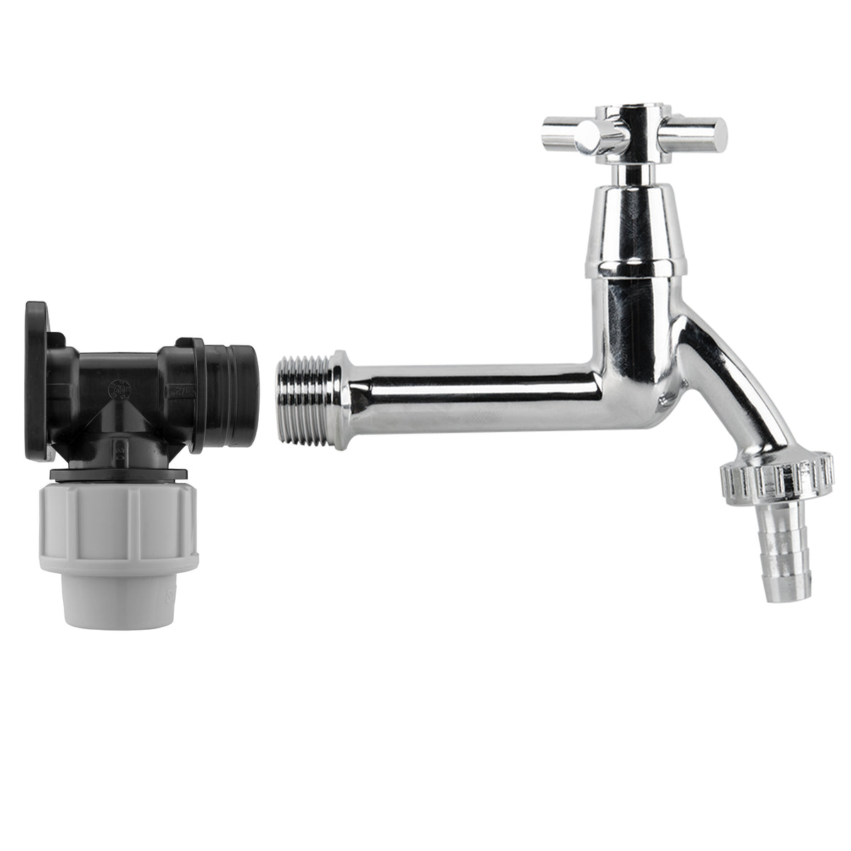 20mm MDPE Wall Kit with Extended Chrome Tap, ½″ Hose Barb.