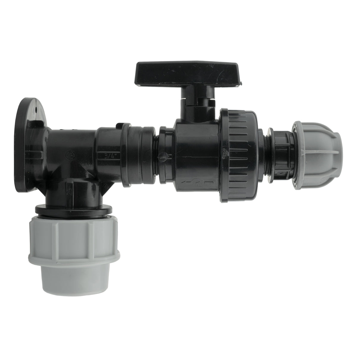 Black/grey 25mm MDPE wall-flange kit with large valve & 20mm mdpe outlet.