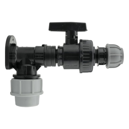 Black/grey 25mm MDPE wall-flange kit with large valve & 20mm mdpe outlet.