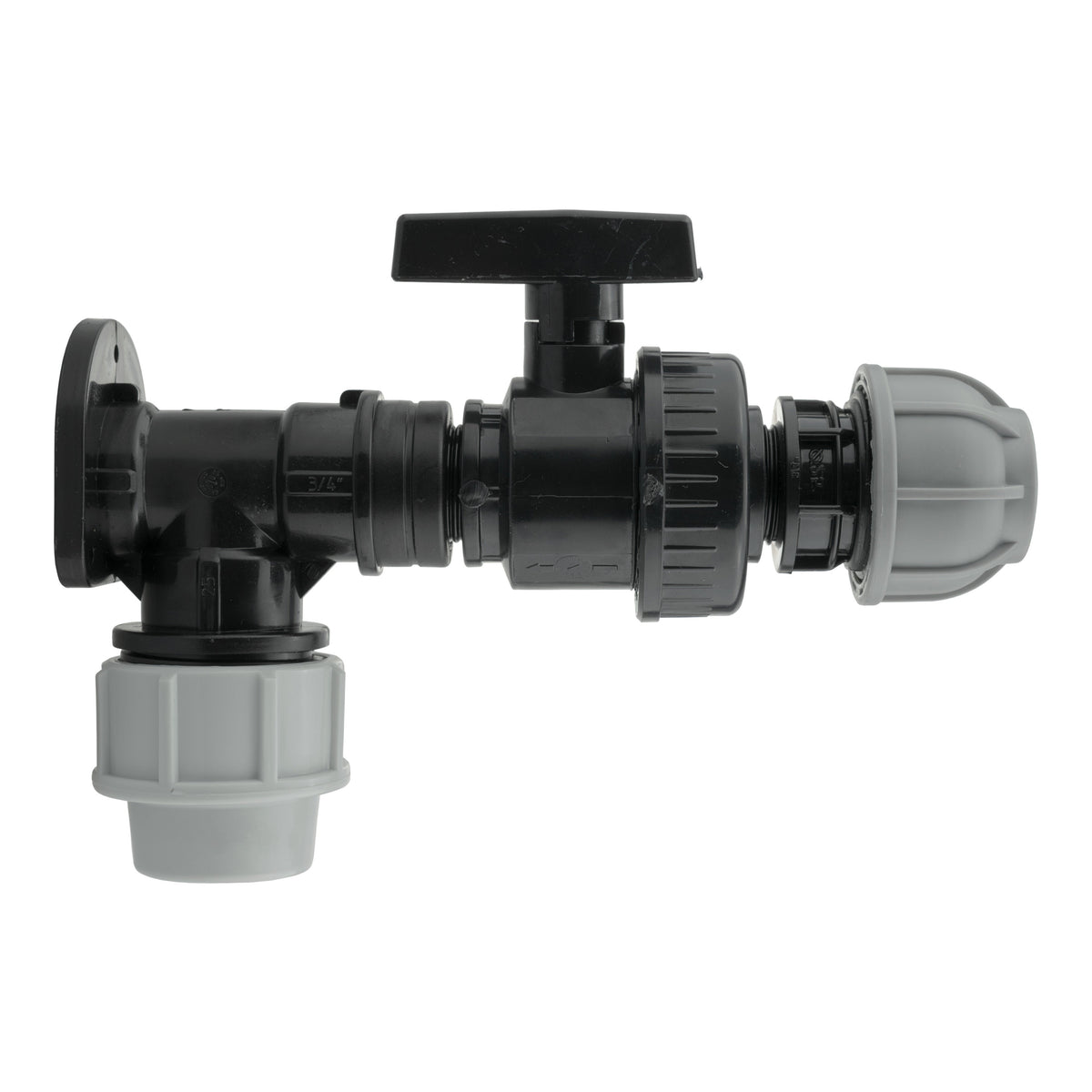 Black/grey 25mm MDPE wall-flange kit with large valve & 25mm mdpe outlet.