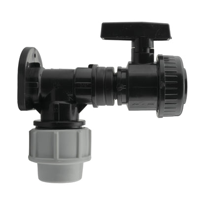 Black/grey 25mm MDPE wall-flange kit with large single-union valve.