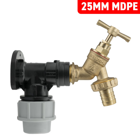 25mm MDPE Wall Flange with Brass Garden Tap 3/4" Barb