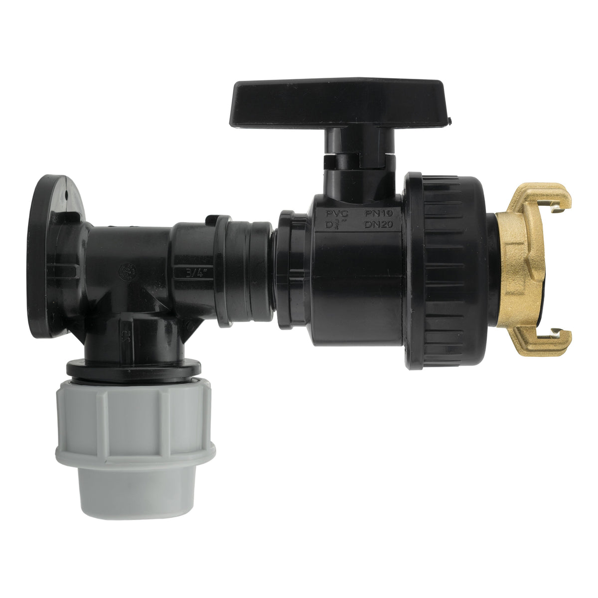 Black/grey 25mm MDPE wall-flange kit with large valve & claw outlet.