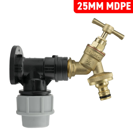 25mm MDPE Wall Flange - Brass Quick Connect Garden Tap