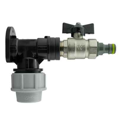 Black/grey 25mm MDPE wall-flange kit with butterfly valve & lime plug.