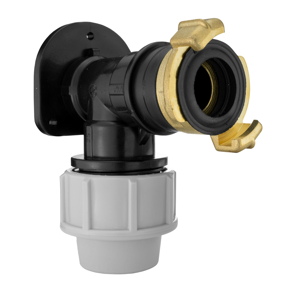 Black/grey 25mm MDPE wall-flange kit with claw outlet.