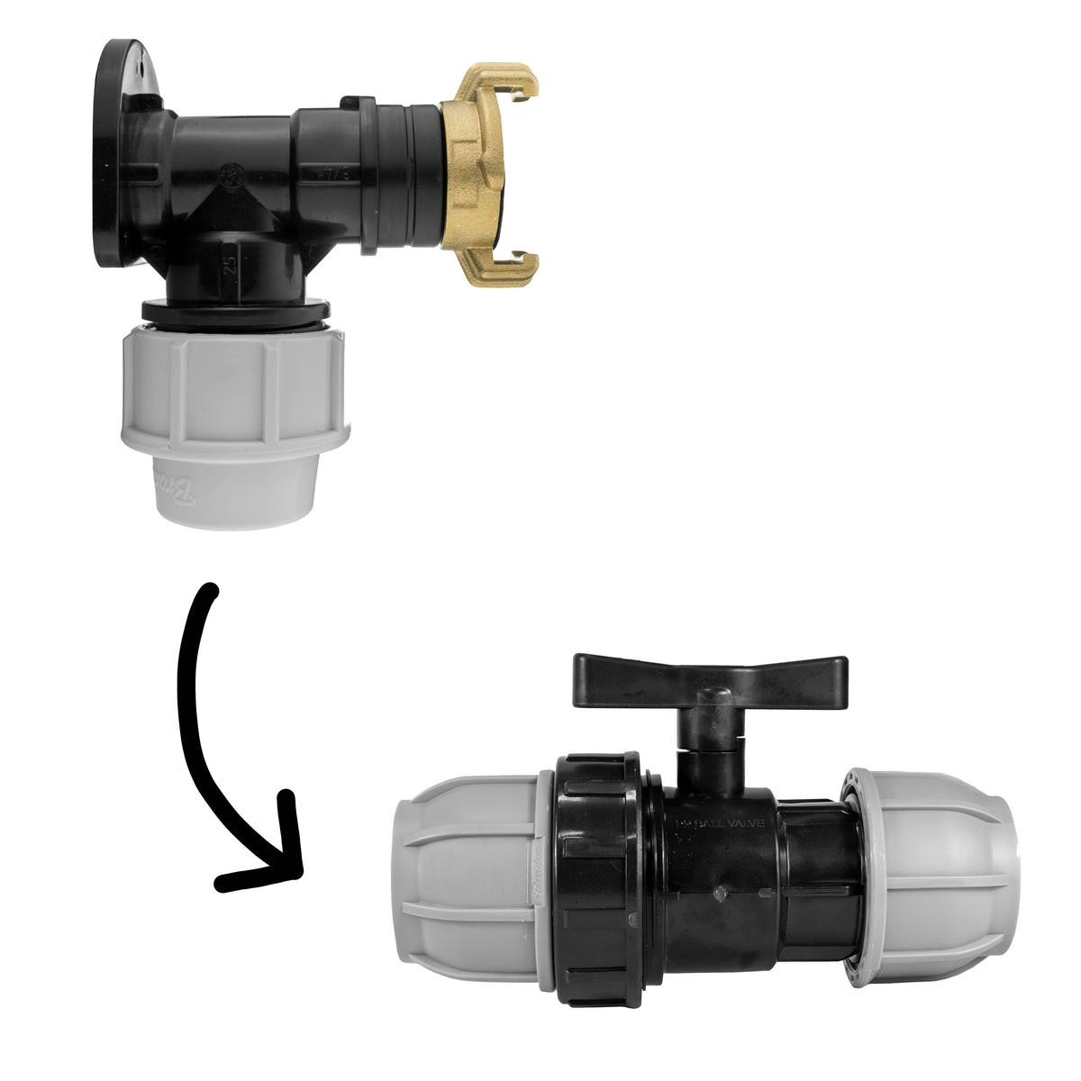 Black/grey 25mm MDPE wall-flange kit with claw outlet & separate mdpe valve.