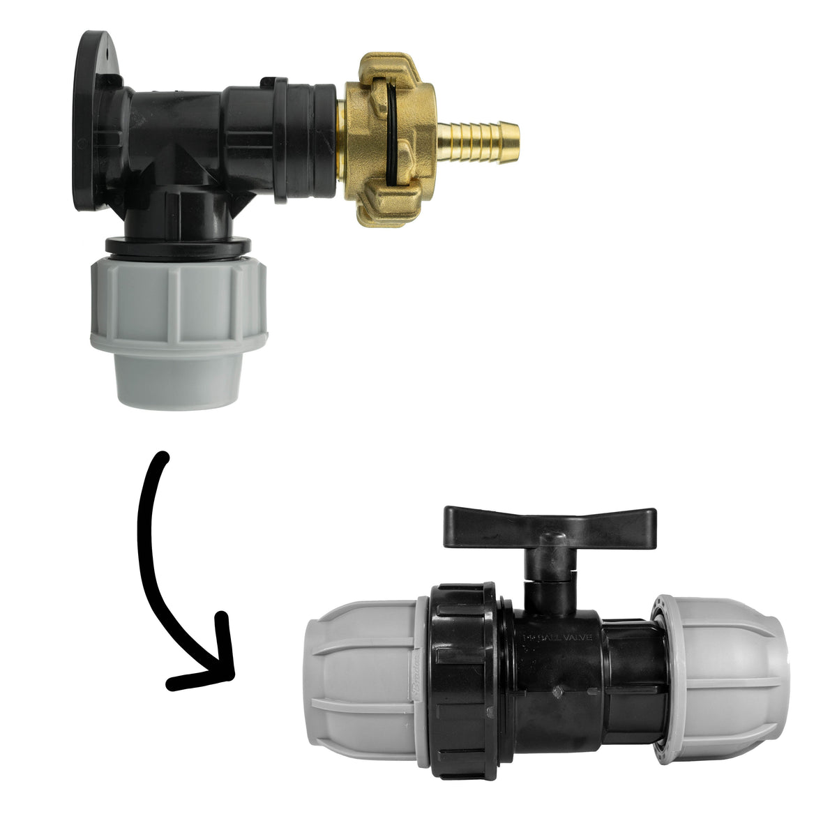 Black/grey 25mm MDPE wall-flange kit with 13mm claw hose tail & separate valve.