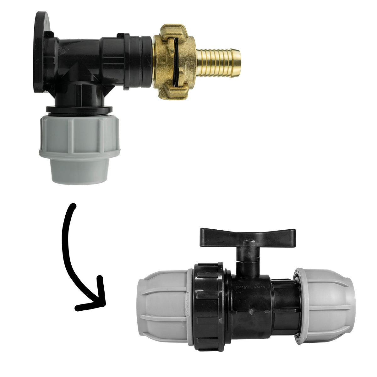 Black/grey 25mm MDPE wall-flange kit with 19mm claw hose tail & separate valve.