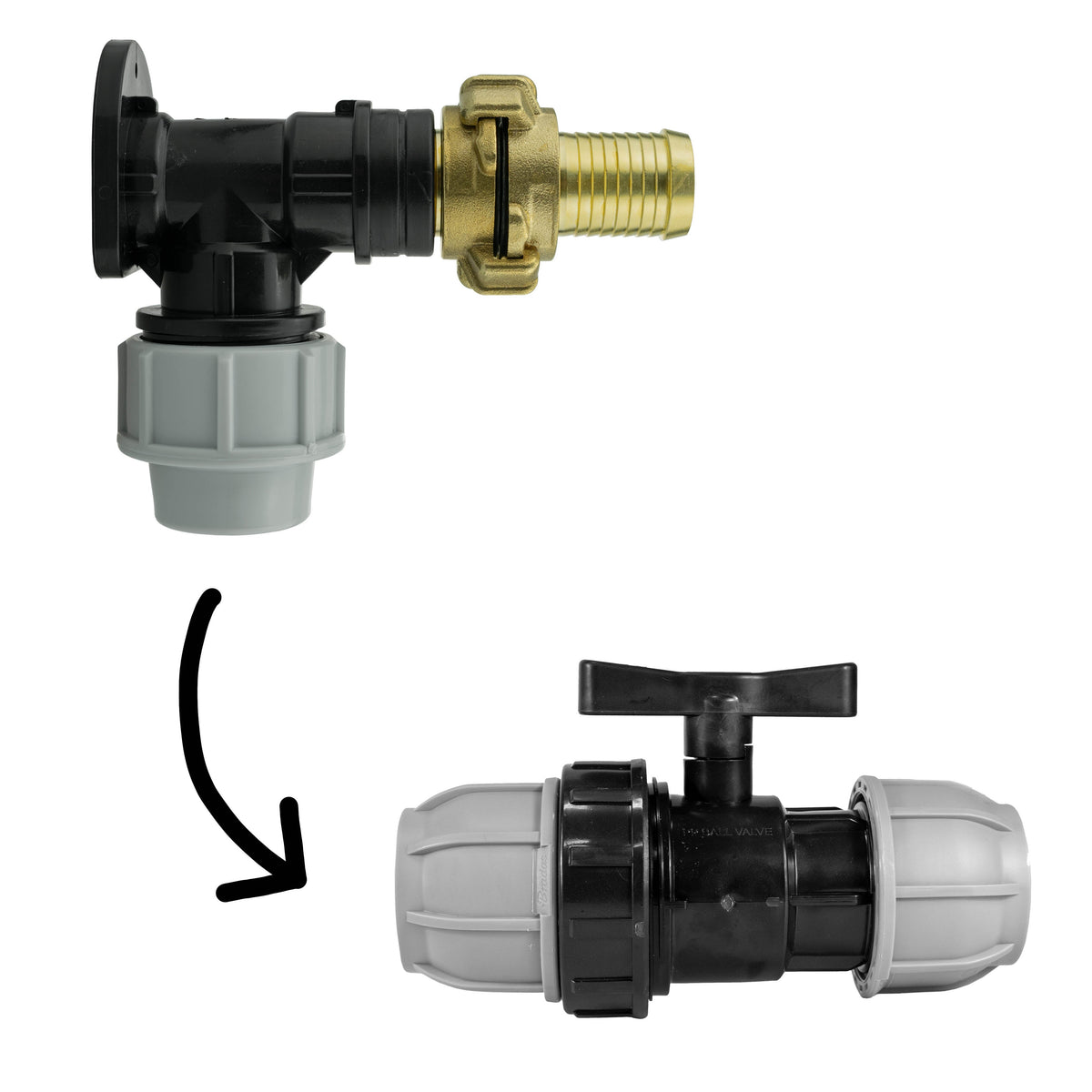 Black/grey 25mm MDPE wall-flange kit with 25mm claw hose tail & separate valve.