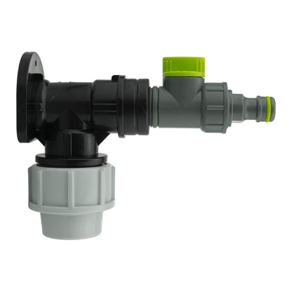Black/grey 25mm MDPE wall-flange kit with lime valve & quick-connect plug.