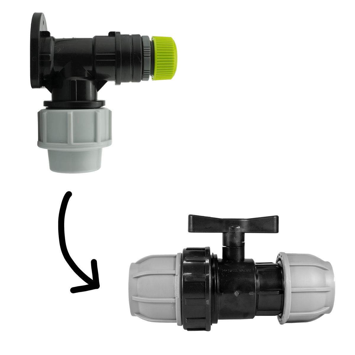 Black/grey 25mm MDPE wall-flange kit with ½″ hose connector & separate valve.
