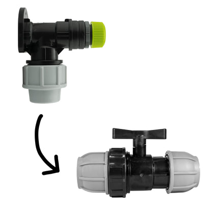Black/grey 25mm MDPE wall-flange kit with ½″ hose connector & separate valve.