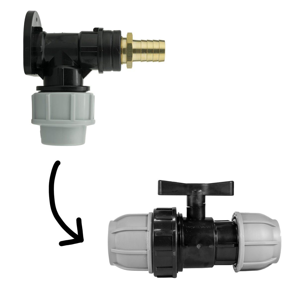 Black/grey 25mm MDPE wall-flange kit with 19mm brass barb & separate mdpe valve.