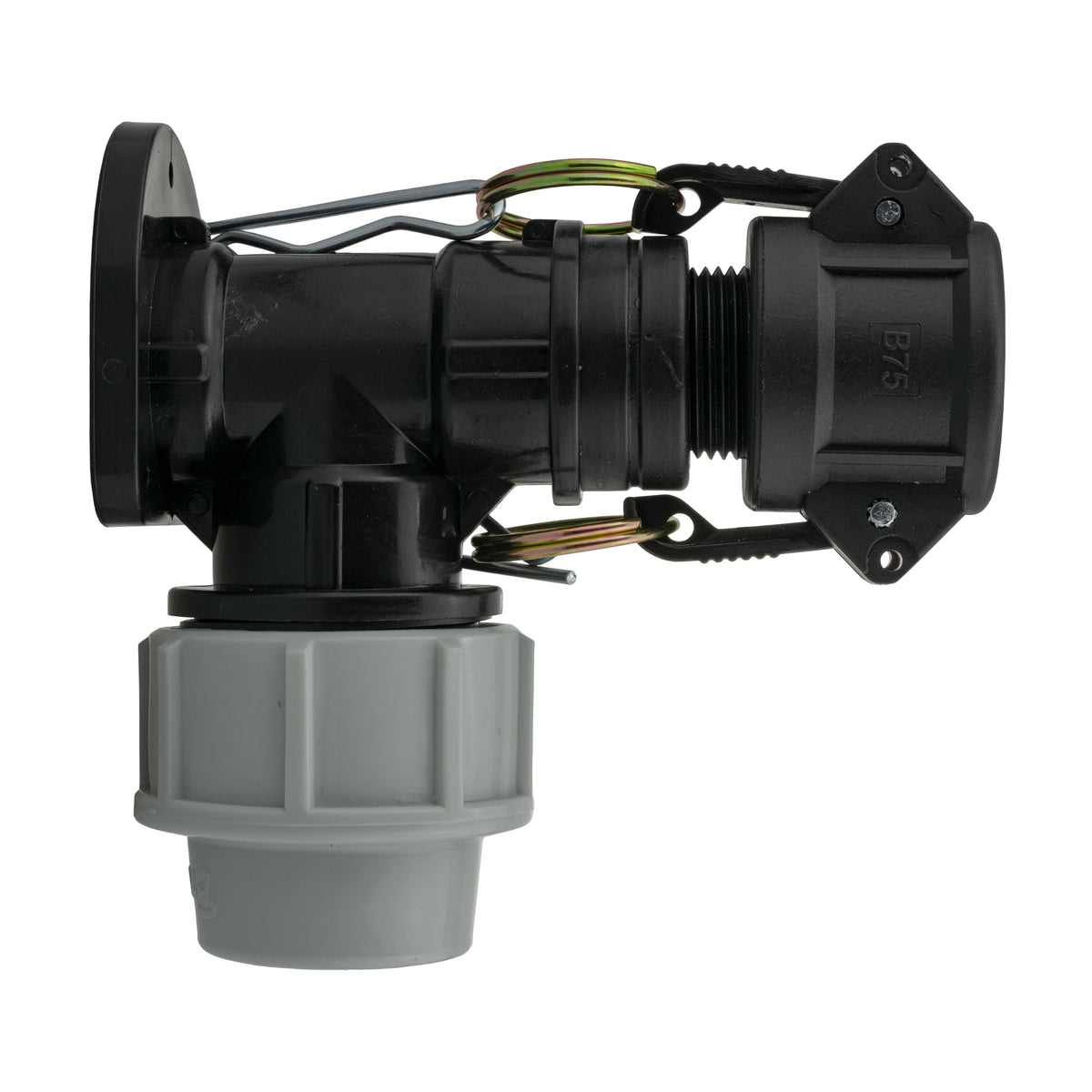 Black/grey 25mm MDPE wall-flange kit with ¾″ type b camlock coupler.