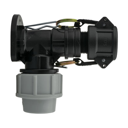Black/grey 25mm MDPE wall-flange kit with ¾″ type b camlock coupler.
