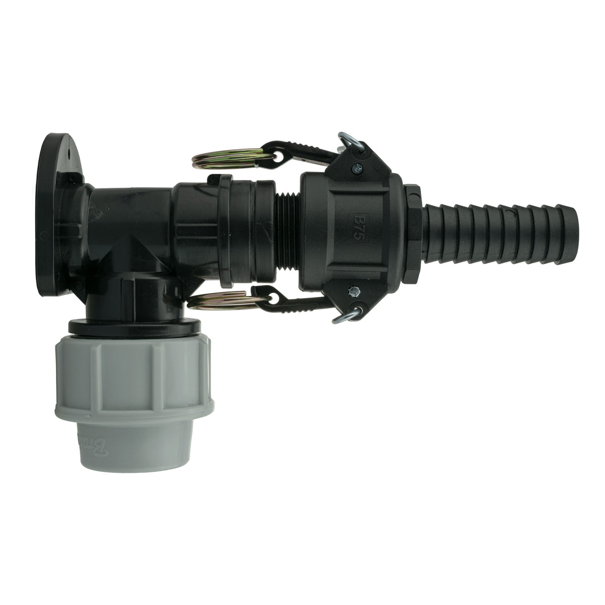 Black/grey 25mm MDPE wall-flange kit with ¾″ camlock b+e.