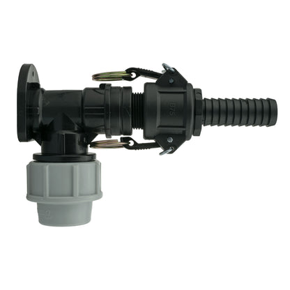 Black/grey 25mm MDPE wall-flange kit with ¾″ camlock b+e.