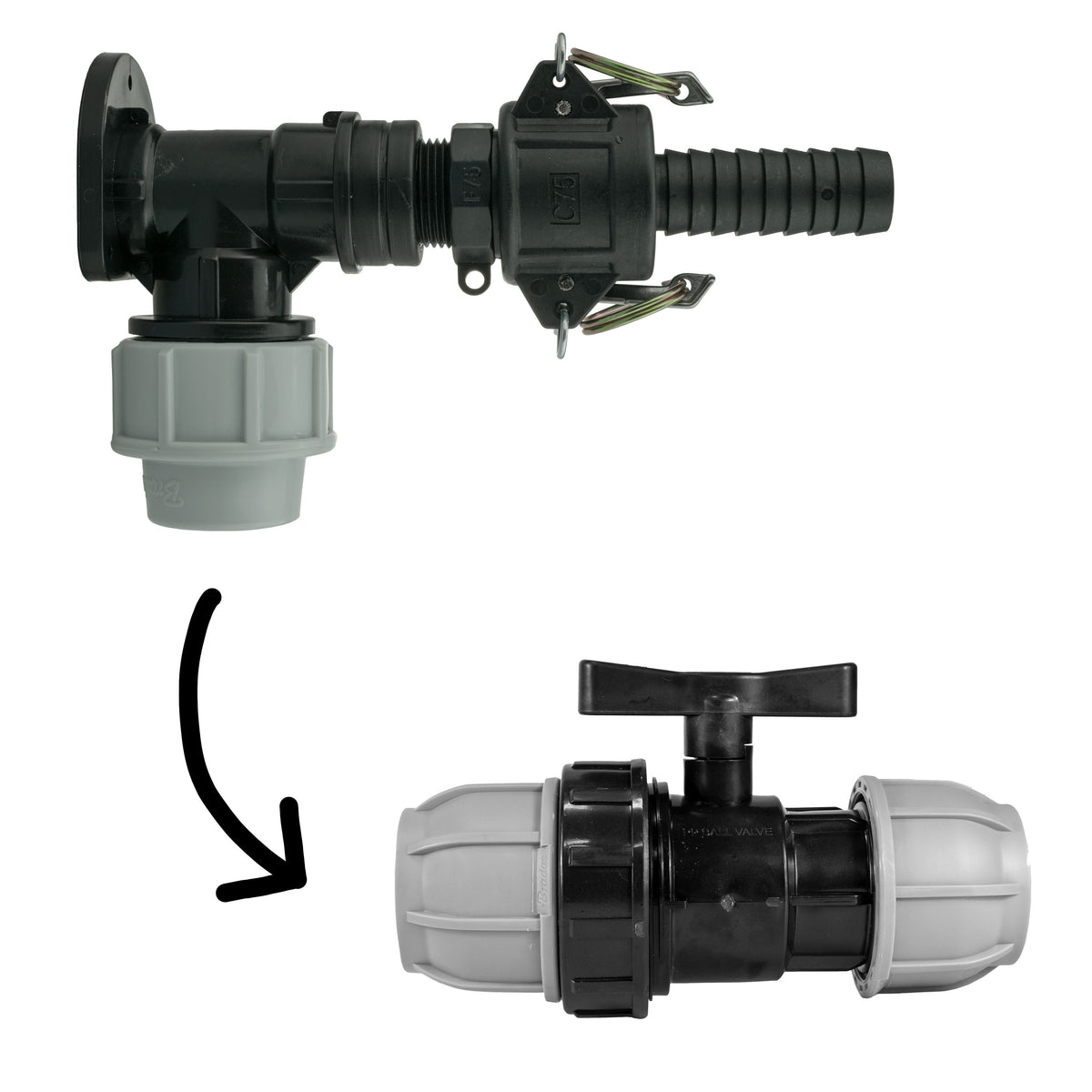Black/grey 25mm MDPE wall-flange kit with ¾″ camlock f+c & separate valve.