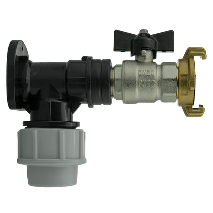Black/grey 25mm MDPE wall-flange kit with butterfly valve & claw outlet.