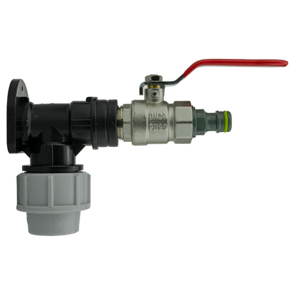 Black/grey 25mm MDPE wall-flange kit with lever valve & quick-connect plug.