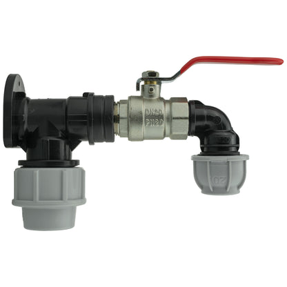 Black/grey 25mm MDPE wall-flange kit with lever valve & 20mm mdpe elbow.