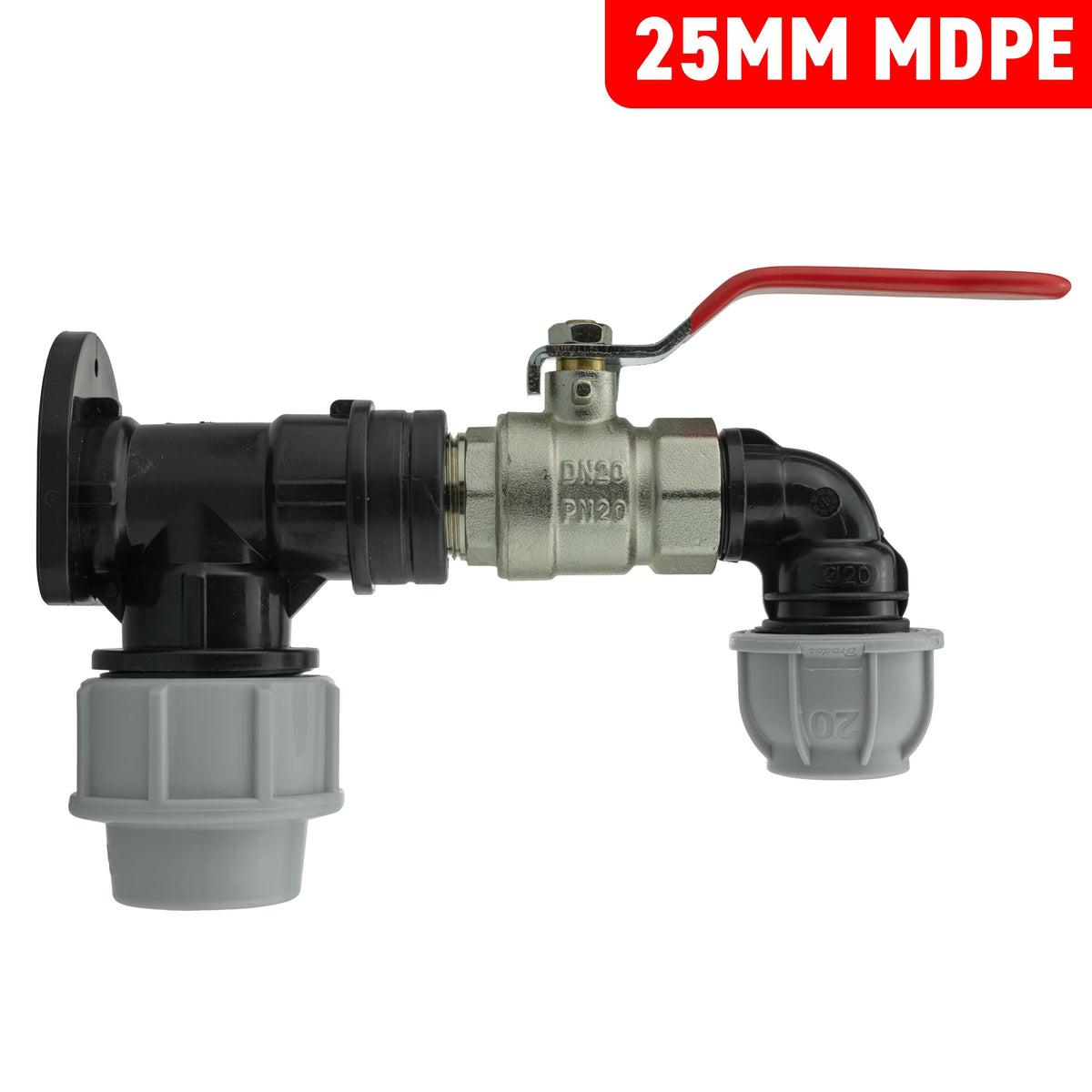25mm MDPE Wall Kit – Lever Valve & 20mm MDPE Elbow