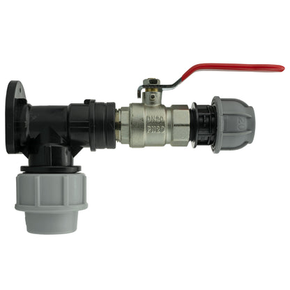 Black/grey 25mm MDPE wall-flange kit with lever valve & 20mm mdpe straight.