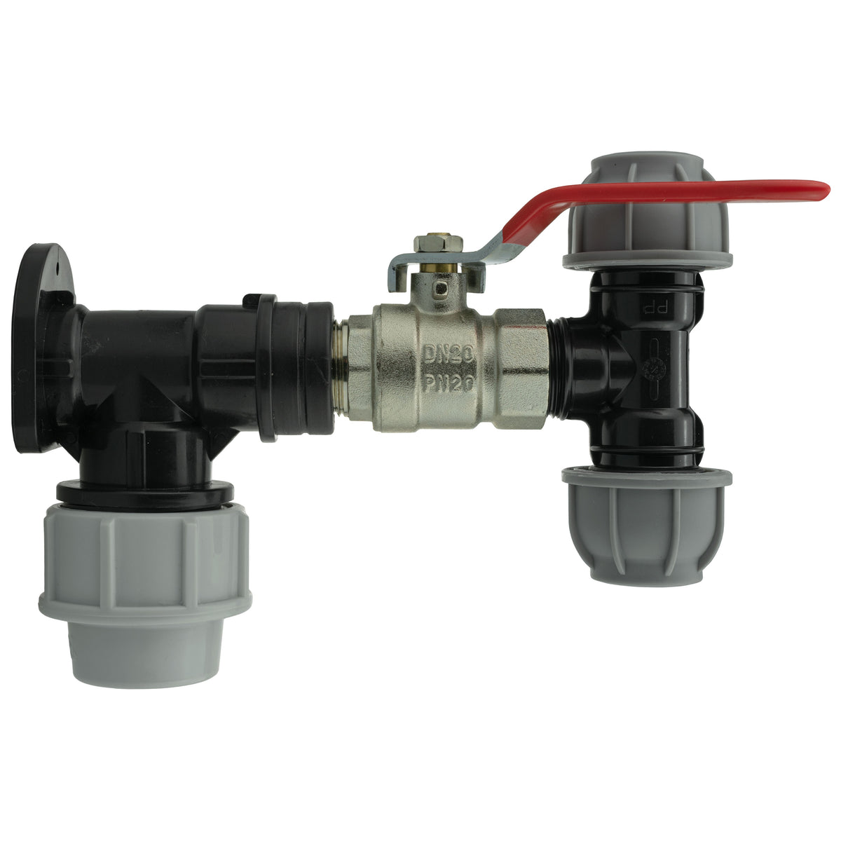 Black/grey 25mm MDPE wall-flange kit with lever valve & 20mm mdpe tee.
