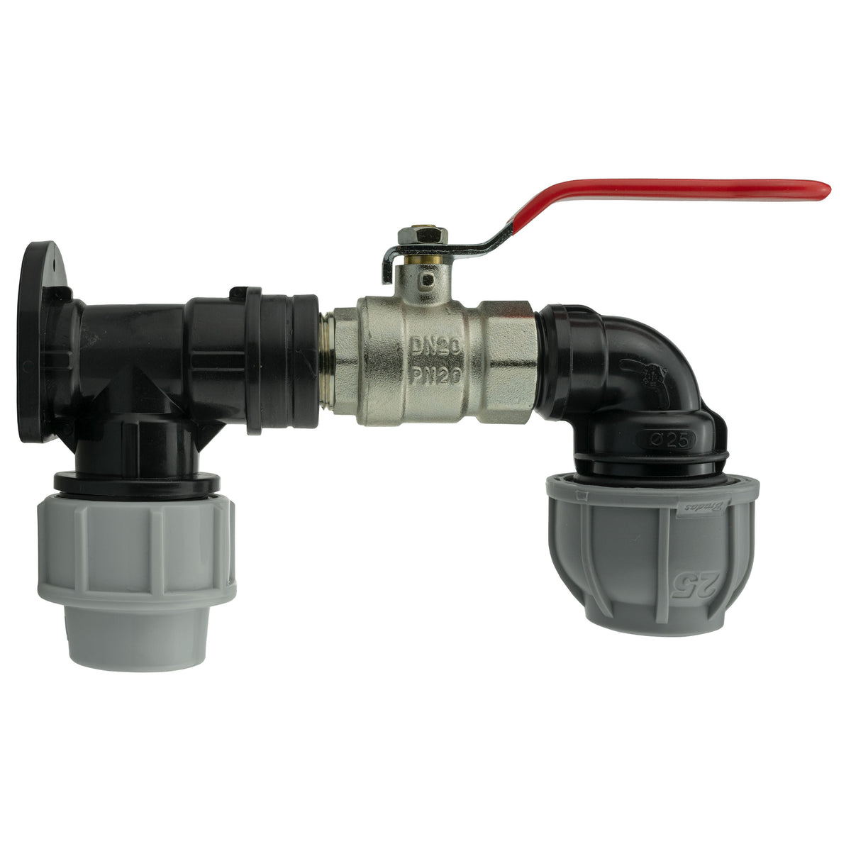 Black/grey 25mm MDPE wall-flange kit with lever valve & 25mm mdpe elbow.