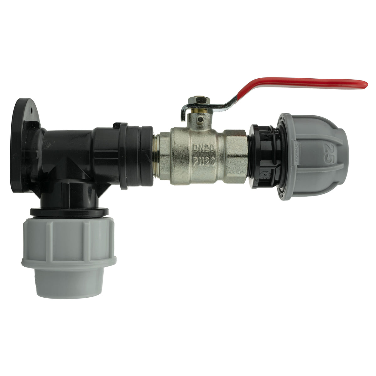 Black/grey 25mm MDPE wall-flange kit with lever valve & 25mm mdpe straight.