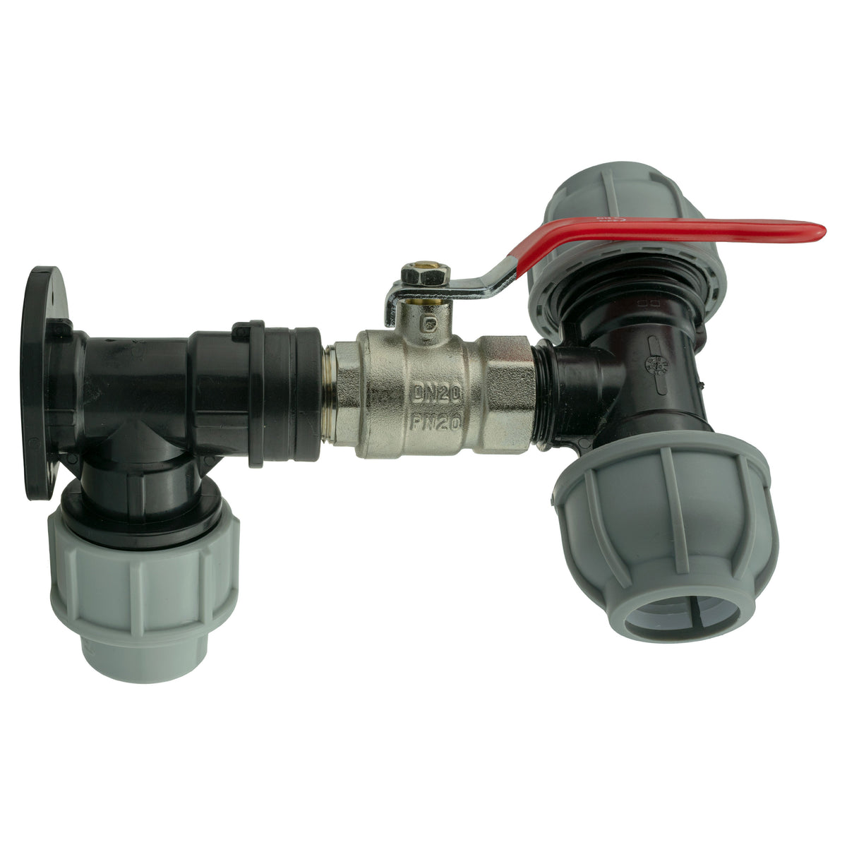 Black/grey 25mm MDPE wall-flange kit with lever valve & 25mm mdpe tee.