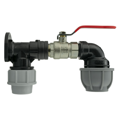Black/grey 25mm MDPE wall-flange kit with lever valve & 32mm mdpe elbow.