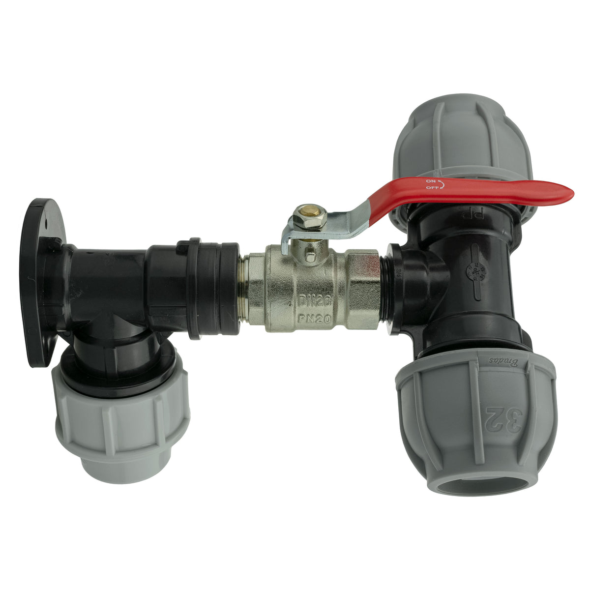 Black/grey 25mm MDPE wall-flange kit with lever valve & 32mm mdpe tee.