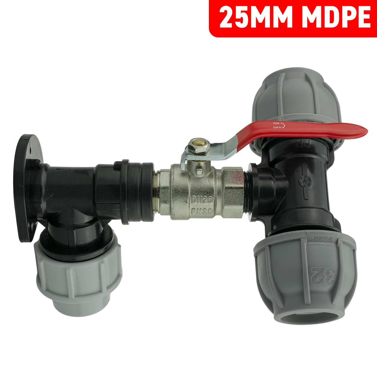 25mm MDPE Wall Kit – Lever Valve & 32mm MDPE Tee