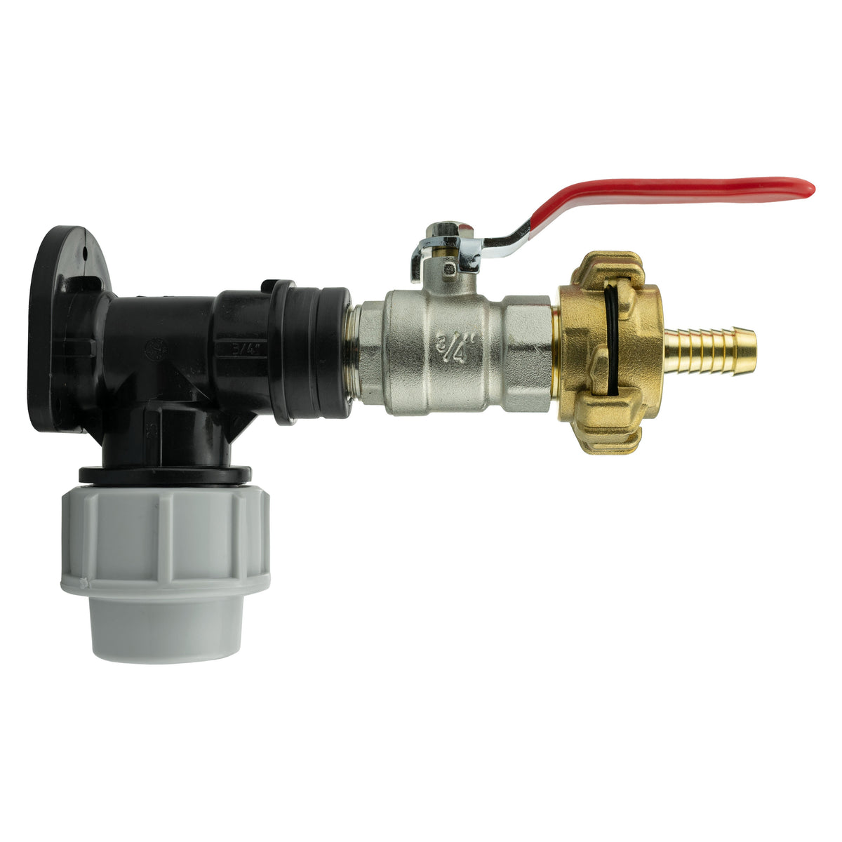 Black/grey 25mm MDPE wall-flange kit with lever valve & 13mm claw hose tail.