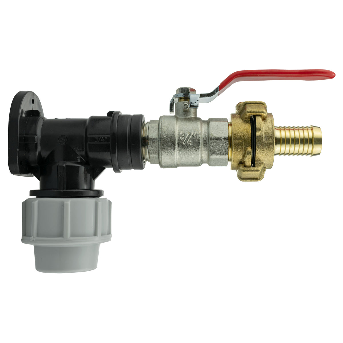Black/grey 25mm MDPE wall-flange kit with lever valve & 19mm claw hose tail.