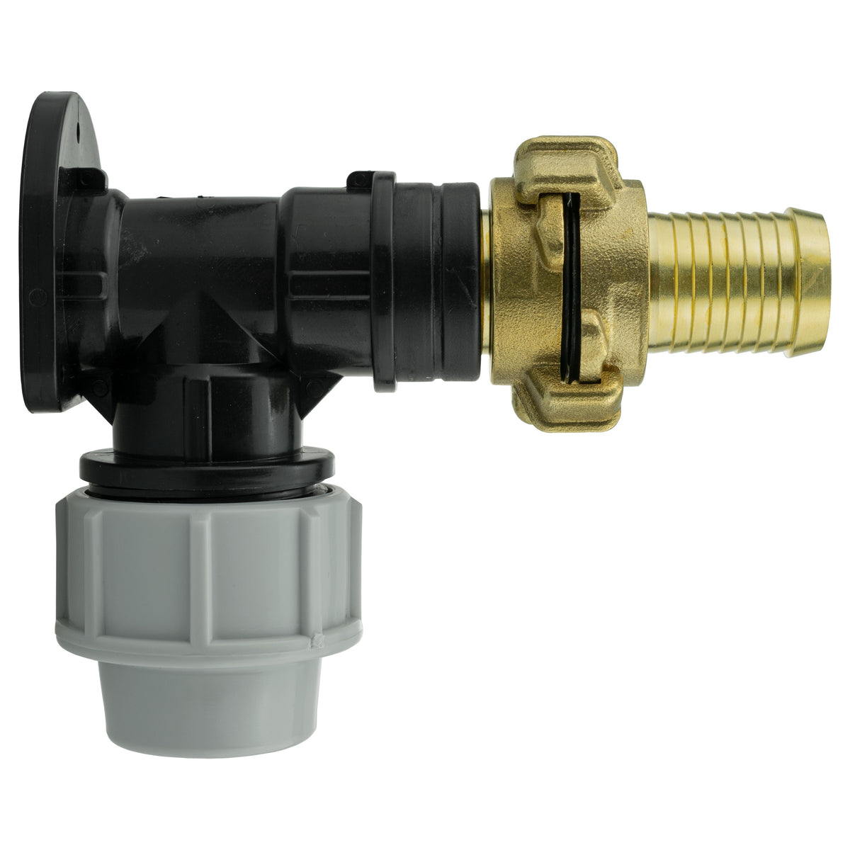 Black/grey 25mm MDPE wall-flange kit with 25mm claw-coupling hose tail.