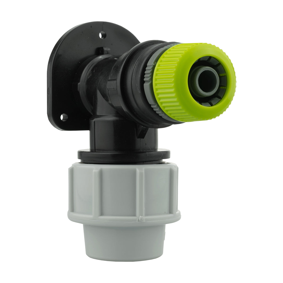 Black/grey 25mm MDPE wall-flange kit with direct ½″ hose connector.