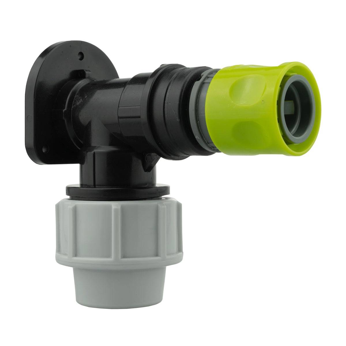 Black/grey 25mm MDPE wall-flange kit with female quick-connect outlet.