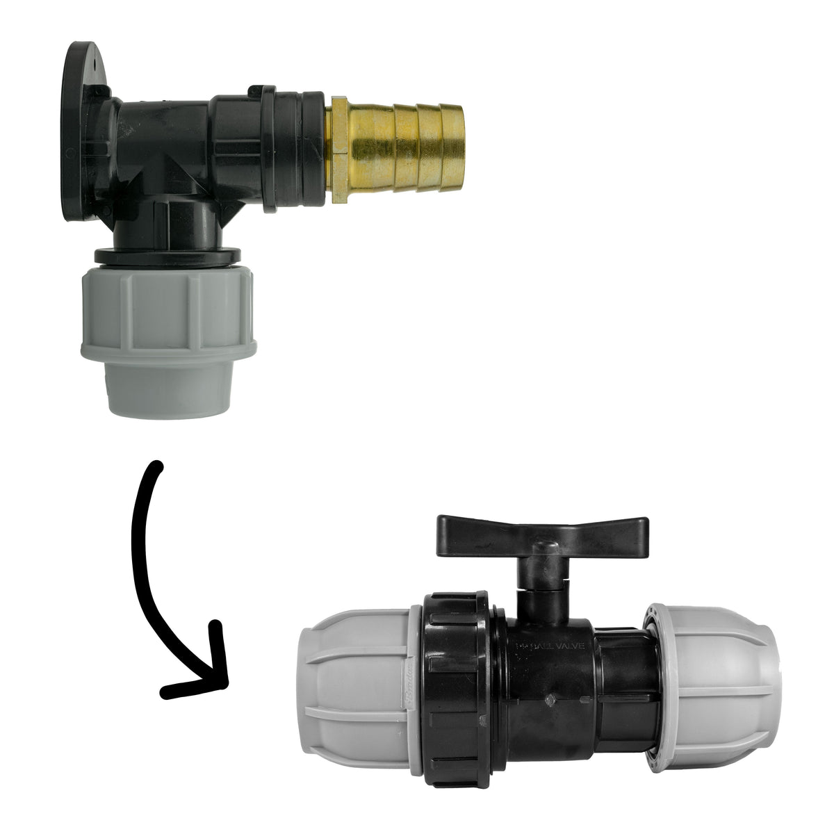 Black/grey 25mm MDPE wall-flange kit with 25mm barb & separate mdpe valve.