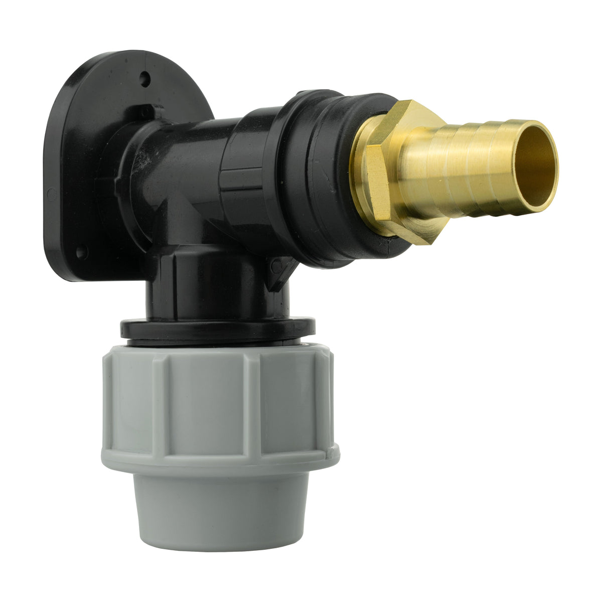 Black/grey 25mm MDPE wall-flange kit with 19mm brass hose barb.