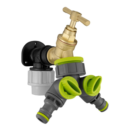 Black/grey 25mm MDPE wall-flange kit with brass tap & two-way splitter.