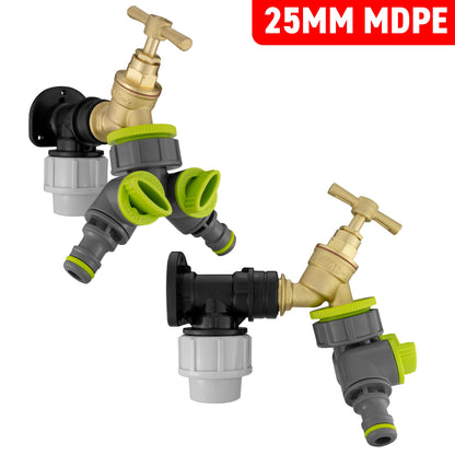 25mm MDPE Wall Kit – Brass Tap & Two-Way Splitter
