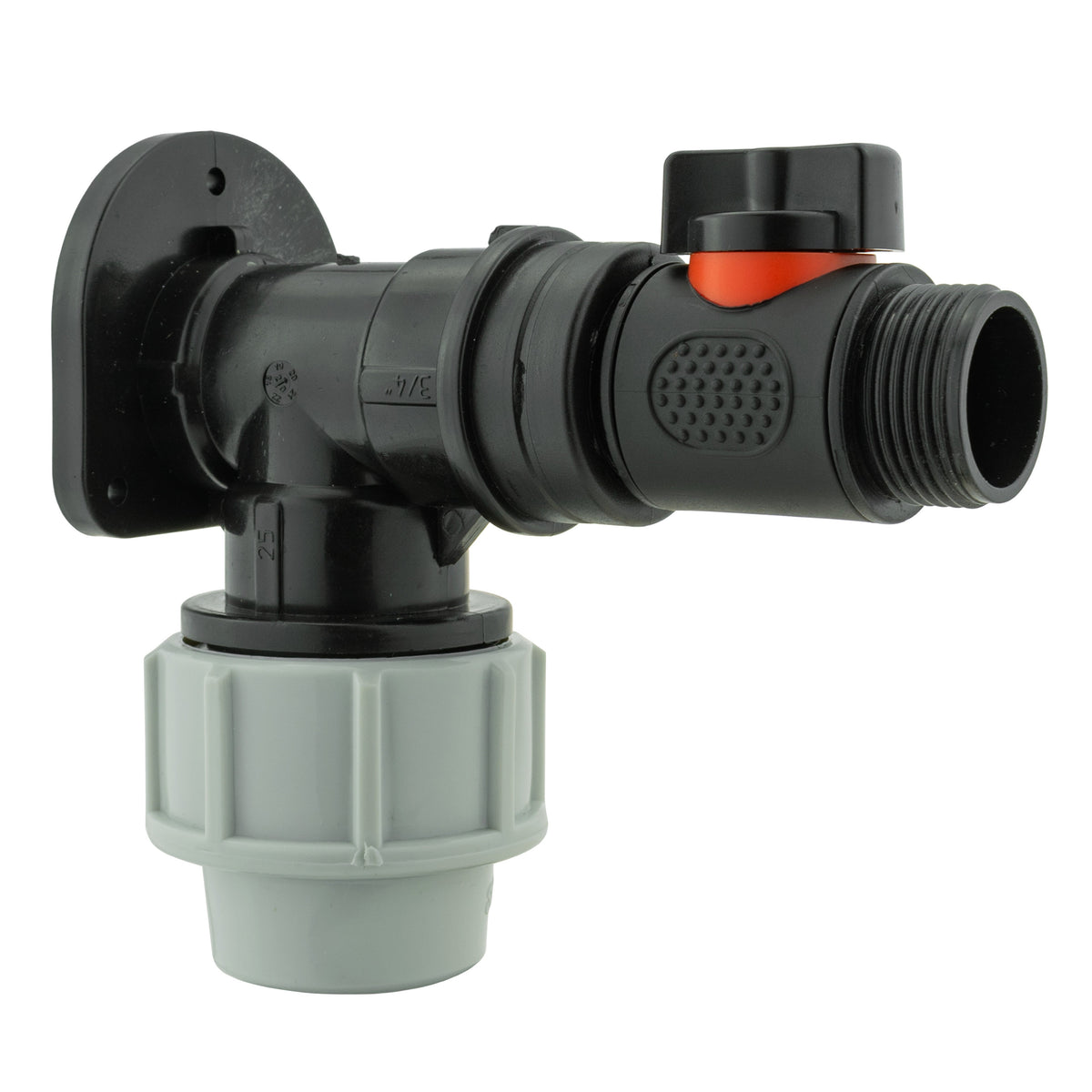 Black/grey 25mm MDPE wall-flange kit with inline valve, ¾″ bsp outlet.